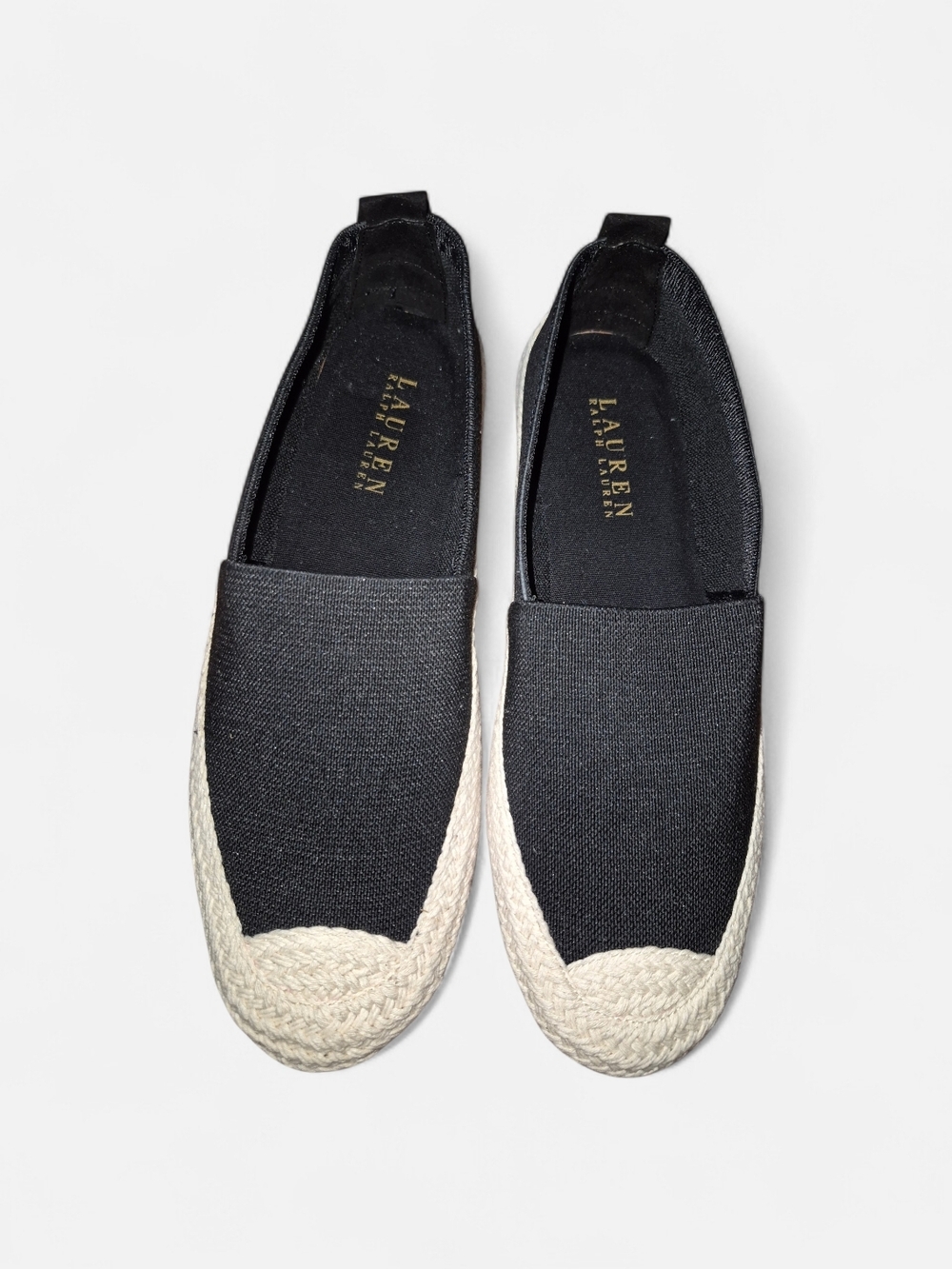 Lauren Ralph Lauren Black Elastic & Canvas Espadrille Flats w/ Natural Jute Trim